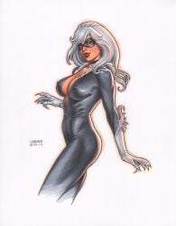 1girls big_breasts black_cat_(marvel) breasts cleavage erect_nipples felicia_hardy female joseph_michael_linsner marvel nipple_bulge solo spider-man_(series) white_hair