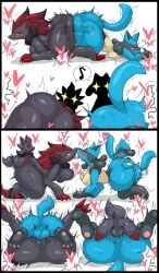 anthro censored enigi09 female_lucario female_zoroark furry lucario nintendo pokemon pokemon_(species) riolu zoroark zorua