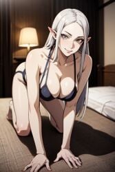 ai_generated all_fours bedroom breasts claymore female female_only grey_body grey_hair grey_skin irene_(claymore) long_hair looking_at_viewer on_bed pointy_ears smile underwear