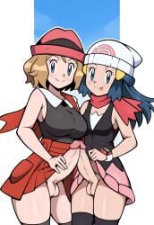 2futas ai_generated big_breasts dawn_(pokemon) futanari huge_breasts pokemon rubbing serena_(pokemon) smile tagme thedawn_hikari thick_thighs touching_penis