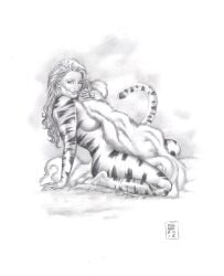 1girls big_breasts breasts female gene_espy marvel monochrome nude pencil_(artwork) solo tigra traditional_media_(artwork)