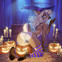 2017 anthro anus ass blue_eyes breasts burning_candles candlelight candles cervine clothing deer female fire food fruit hair halloween hat holidays hooves imanika inside jack-o'-lantern leg_warmers legwear mammal presenting presenting_hindquarters presenting_pussy pumpkin pussy sideboob smile solo witch_hat