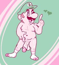 1boy balls blue_eyes cock enterman erection facial_hair green_hat hat heart light-skinned_male light_skin luigi male male_nipples male_only mario_(series) moustache nintendo nipples nude nude_male one_eye_closed open_mouth penis smile solo solo_male winking