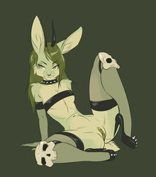 2017 anthro armwear bottomless clothed clothing collar demon digital_media_(artwork) dragonfu elbow_gloves eyelashes female fishnet fishnet_legwear flat_chested footwear fur furry furry_only gloves green_background green_hair green_theme hair halloween high_heels holidays horn lagomorph legwear mammal pussy rabbit ricochetcoyote shoes simple_background smile solo spiked_collar spikes succubus tail thigh_highs