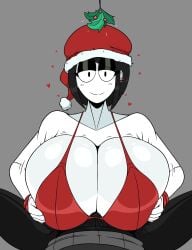 1boy 1girls big_breasts boobjob bra breasts christmas color dark_hair heart hearts_around_head huge_breasts large_breasts looking_at_viewer original red_bra smile theimmortalguy titjob tits_out veronica_(saltynoodles) voluptuous_female white_body