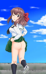 ass blush bottomless breasts brown_hair female girls_und_panzer hair_ornament hair_ribbon kondou_taeko looking_at_viewer looking_back medium_breasts no_panties one_eye_closed ooarai_school_uniform purple_eyes ribbon school_uniform shoe skirt skirt_lift skirt_up solo stairs standing stockings student thighs tongue