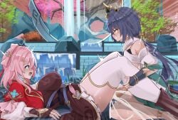 1futa 1girls anal blue_hair bottomless breasts clothed clothing cum cum_in_pussy duo ejaculation erection female futa_on_female futanari honkai:_star_rail hoyoverse huge_cock human kneeling light-skinned_female light-skinned_futanari light_skin march_7th_(honkai:_star_rail) on_back partially_clothed penis pink_hair thighhighs yunli_(honkai:_star_rail) zado_(rinaai_airina)