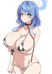 1girls ako_(blue_archive) bikini blue_archive blue_eyes blue_hair breasts cleavage clenched_teeth collar cow_print cow_print_bikini embarrassed garukichi huge_breasts leash long_hair looking_at_viewer micro_bikini midriff swimsuit