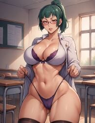 ai_generated blush bra cleavage glasses green_hair jinzo1993 jujutsu_kaisen lingerie looking_at_viewer panties ponytail shiny_skin short_hair thighhighs thighs thong zenin_maki