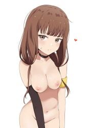 armband blush brown_eyes brown_hair choker coro_fae female_focus female_only heart_symbol iino_miko kaguya-sama_wa_kokurasetai_~tensai-tachi_no_renai_zunousen~ large_breasts long_hair looking_at_viewer nude simple_background white_background