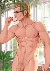 1boy blonde_hair final_fantasy final_fantasy_xv glasses ignis_scientia male male_only maorenc muscle nipples nude penis pubic_hair testicles