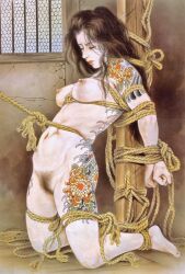 1girls ass bondage clothing colorful_skin distressed hands_tied japanese_artist kaname_ozuma large_breasts long_hair outdoors painting_(artwork) pubic_hair rope rope_bondage tattoos