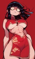 1girls abs ai_generated black_hair blunt_bangs china_dress chinese_clothes ching_shih_(kosine1777) exposed_stomach exposed_thighs kosine1777 kosineverse large_breasts long_hair original original_character pelvic_curtain red_dress underboob valbun_style viewed_from_below