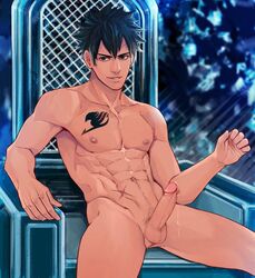 1boy black_hair chair cum erection fairy_tail gray_fullbuster male male_only maorenc nude penis smile tattoo testicles