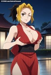 ai_generated aindroidparanoid ass bicolored_hair big_ass big_breasts big_butt black_hair breasts busty cleavage demon_slayer fat_ass female female_only grabbing_own_breast hips huge_breasts kimetsu_no_yaiba large_ass large_breasts legs makio_(kimetsu_no_yaiba) massive_breasts narrow_waist night ninja outdoors stable_diffusion standing tight_clothing town waist wide_hips yellow_eyes yellow_hair