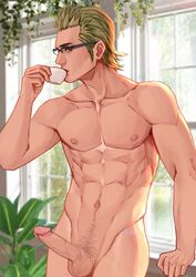 1boy blonde_hair erection final_fantasy final_fantasy_xv glasses ignis_scientia male male_only maorenc muscle nipples nude penis pubic_hair testicles