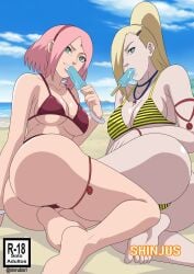 2girls barefoot beach big_ass big_breasts bikini bikini_bottom bikini_top blue_eyes boruto:_naruto_next_generations bracelet breast_size_difference choker comic_cover green_eyes high_resolution holding_object huge_ass ino_yamanaka long_hair looking_at_viewer medium_breasts melting melting_popsicle milf multiple_girls naruto naruto_(series) necklace ninrubio outdoors pendant pink_hair ponytail popsicle popsicle_in_mouth revealing_swimsuit sakura_haruno seaside sexually_suggestive take_your_pick uchiha_symbol uzumaki_symbol watermark white_skin