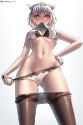 1girls absurd_res biting_shirt black_legwear black_pantyhose blush blush bra breakthrough_rr cat_ears catgirl dripping dripping_pussy embarrassed female female_only fingerless_gloves gloves highres legwear looking_at_viewer midriff mio_(xenoblade) monolith_soft navel nintendo panties pantyhose pantyhose_down pussy pussy_juice removing_clothing removing_panties shirt_lift short_hair silver_hair sweat sweating tank_top thighs topless undressing wet wet_pussy white_bra white_gloves white_panties white_tank_top wide_hips xenoblade_(series) xenoblade_chronicles_3 yellow_eyes