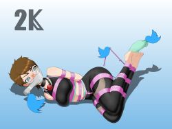 ball_gag blue_eyes bondage bound brown_hair cant1ndausername crotch_rope female femsub fully_clothed gag gag_around_neck glasses rope short_hair short_hair_female simple_background tape tape_gag taped_mouth tight_clothing twitter twitter_bird