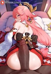 ai_generated ass ass_focus dark-skinned_male doggy_style fox_ears fox_girl from_behind genshin_impact imminent_sex japanese_clothes large_ass large_breasts large_penis long_hair looking_back mature_female miko penis_on_ass pink_hair pov primosan purple_eyes smile veiny_penis yae_miko