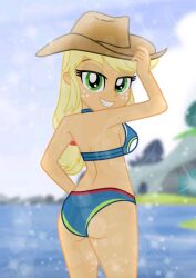 1girls 2025 2d accurate_art_style applejack_(eg) applejack_(mlp) ass back back_view bikini blonde_female blonde_hair blue_bikini blue_bra blue_panties cowboy_hat cowgirl cowgirl_hat deviantart deviantart_link emeraldblast63 equestria_girls female female_only friendship_is_magic hand_on_hat hand_on_hip hasbro hat looking_at_viewer looking_back my_little_pony my_little_pony_equestria_girls panties smile smiling_at_viewer solo swimsuit teeth teeth_showing two-piece_swimsuit two_piece_swimsuit