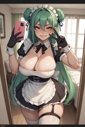 ai_generated apron areola_slip bangs black_dress black_gloves blush bow bowtie breasts breasts cellphone cleavage cowboy_shot cute detached_collar double_bun dress female frills garter_straps gloves green_hair grin hair_between_eyes hair_bun holding holding_phone huge_ass huge_breasts indoors juswa large_ass large_breasts long_hair looking_at_viewer maid maid_apron maid_headdress parted_lips phone pink_eyes puffy_short_sleeves puffy_sleeves purple_eyes selfie short_sleeves skindentation smartphone smile solo thicc thick_thighs thighhighs thighs v very_long_hair waist_apron white_thighhighs wrist_cuffs