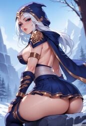 1female 1girls ai_generated ashe_(league_of_legends) ass ass_focus balecxi big_breasts blue_eyes breasts female hood large_breasts league_of_legends looking_at_viewer looking_back outdoors outside riot_games skirt snow solo solo_female solo_focus watermark white_hair winter