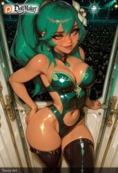 ai_generated breasts cleavage dark-skinned_female dark_skin dollmaker dollmaker_(artist) earrings female green_hair jewelry large_breasts long_hair navel navel_cutout patreon_logo patreon_username smile solo tagme tan thick_thighs thighhighs thighs watermark web_address