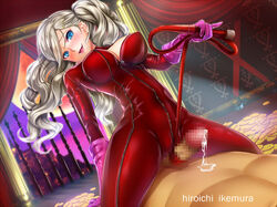 ann_takamaki artist_name blonde_hair blue_eyes bodysuit bondage censored clothed_female_nude_male clothing coin cowgirl_position cum cum_on_self dutch_angle earrings evil_smile female female_on_top femdom full-length_zipper girl_on_top gloves gold hair_ornament hairclip human ikemura_hiroichi jewelry lipstick long_hair makeup malesub moon mosaic_censoring night on_top open_mouth pale_skin penis persona persona_5 phantom_thief_suit pink_gloves pink_lipstick pinky_out platinum_blonde_hair red_bodysuit sitting_on_person smile solo_focus straddling tease teasing twintails wavy_hair whip zipper