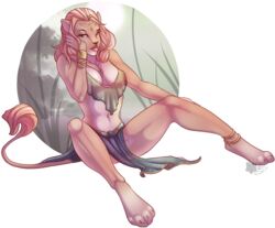 2017 anthro archery_(artist) barefoot breasts clothed clothing digital_media_(artwork) feline female hair jewelry lion mammal navel pink_hair pussy skimpy solo translucent transparent_clothing