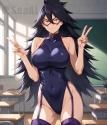 1girls ai_generated boku_no_hero_academia classroom cowboy_shot indoors leotard looking_at_viewer midnight_(my_hero_academia) my_hero_academia seacreator standing stockings v_sign