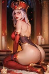 acw ai_generated ass curvy female lipstick looking_at_viewer makeup mature_female on_knees red_eyes sally_whitemane solo solo_female thick_ass thick_thighs voluptuous white_hair world_of_warcraft