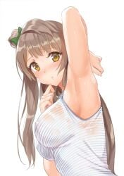 arm_up armpits blush breasts brown_eyes brown_hair covered_erect_nipples female hair_ribbon kichiroku long_hair love_live! love_live!_school_idol_project minami_kotori parted_lips pointy_chin ribbon showing_armpits side_ponytail simple_background solo striped sweat vertical_stripes white_background