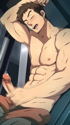 1boy bara blush brown_eyes brown_hair closed_eyes earrings erection gundam human male male_focus male_only masturbation mazjojo muscle nipples norba_shino partially_clothed pecs penis precum shirtless solo sweat uncensored