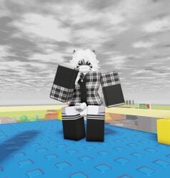 anthro avi_(avinews) femboy furry genitals half_naked male male_focus male_only penis roblox roblox_avatar robloxian shark shark_boy shark_tail thighhighs tiger_shark white_hair