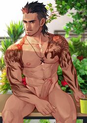 1boy black_hair body_hair erection final_fantasy final_fantasy_xv gladiolus_amicitia looking_at_viewer male male_only maorenc muscle nipples penis scar smile underwear