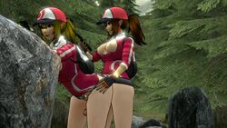 2girls 3d animated balls blonde_hair breasts brown_hair cel_shading cellphone clothed_futanari female_protagonist_(pokemon_go) forest futa futa_on_futa futanari gem521 grabbing_hair hat intersex looking_at_phone nintendo nipples no_sound pokemon pokemon_go pulling_hair video