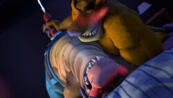 3d anthro anthro_only bed bedroom blush commissioner_upload crash_(series) crocodile crocodilian dingo dingodile furry furry_male gay gay_sex hybrid lewdview male male/male male_only scalie source_filmmaker tasmanian_tiger thylacine tiny_tiger