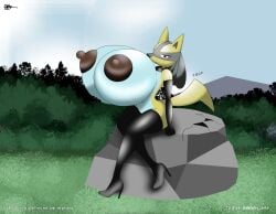 2024 absurd_res anthro armwear big_breasts big_nipples breasts clothing delphyarts elbow_gloves female generation_4_pokemon gloves handwear hi_res high_heeled huge_breasts humanoid hyper hyper_breasts looking_at_viewer lucario navel nintendo nipples pokemon pokemon_(species) round_breasts shiny_pokemon sitting solo thigh_highs