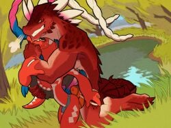 ancient_pokemon anthro bulge claws clothing dragon duo eyeball6300_(chiv) finger_in_mouth from_behind_position generation_9_pokemon grin hi_res hug kneeling koraidon legendary_pokemon male male/male male_only mythological_creature mythological_scalie mythology nintendo on_grass on_ground paradox_pokemon plant pokemon pokemon_(species) pond scalie sex smile toe_claws tree underwear wheel zartersus