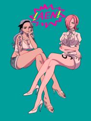 2girls blue_hair female female_only guttari_soushi long_legs nojiko one_piece pink_hair sitting thighs vinsmoke_reiju