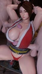 1girls 2boys armpits arms_behind_head arms_up breasts brown_eyes brown_hair cleavage clothed_female_nude_male clothing dead_or_alive erection fatal_fury female group_sex high_ponytail huge_breasts king_of_fighters large_breasts large_penis long_hair mai_shiranui maiden-masher male male_pubic_hair mmf_threesome multiple_boys multiple_penises ninja nipple_slip nipples no_bra nude obi parted_lips penis ponytail pubic_hair red_panties revealing_clothes sash sex shiranui_mai solo_focus squatting straight tattoo testicles threesome tied_hair underwear