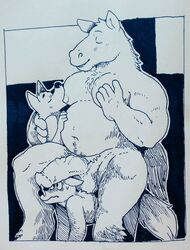 5_fingers anthro balls black_and_white canine character_request closed_eyes cum cum_on_face equine erection fox fur glitter_trap_boy horse male mammal monochrome nipple_suck nipples nude original original_character original_characters penis pubes slightly_chubby sucking sweat traditional_media_(artwork) yaoi