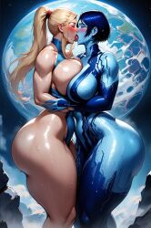 ai_generated cortana female halo_(game) halo_(series) joetest kissing metroid nintendo samus_aran spaceship zero_suit_samus