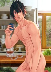 1boy black_hair blue_eyes final_fantasy final_fantasy_xv foreskin kitchen male male_only maorenc nipples noctis_lucis_caelum nude penis testicles