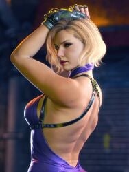 arms_behind_head arms_up back back_muscles back_view big_breasts blonde_hair female female_only looking_at_viewer looking_back milf nina_williams tekken tekken_8 word2