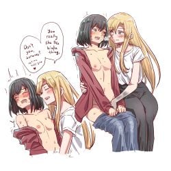 2girls anjuro_zeeku black_hair blonde_hair blue_eyes blush breasts breath closed_eyes clothes_pull collarbone drooling english_text eye_contact fingering heterochromia highres implied_fingering kamikoshi_sorawo long_hair looking_at_another medium_breasts multiple_girls nipples nishina_toriko oerba_yun_fang open_mouth pants pants_pull shirt short_hair simple_background smile speech_bubble sweat t-shirt urasekai_picnic white_background yuri