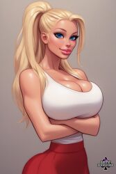 ai_generated amy_wilson arms_crossed_under_breasts blonde_hair blue_eyes cleavage close-up closed_smile huge_breasts oc original_character ponytail pose red_skirt sn0wbunn1es0nly snow_bunnies white_shirt