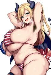 1girls ai_generated american_flag_bikini armpit_hair big_breasts blonde_hair breasts deepjungle female female_focus green_eyes hairy_armpits hololive hololive_japan horns huge_breasts lactation large_breasts looking_at_viewer looking_pleasured mature_female milf plump smiling succubus virtual_youtuber vtuber yuzuki_choco