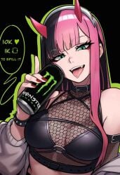 bra darling_in_the_franxx dressed energy_drink green_eyes horns pink_hair redpostit tongue_piercing zero_two_(darling_in_the_franxx)